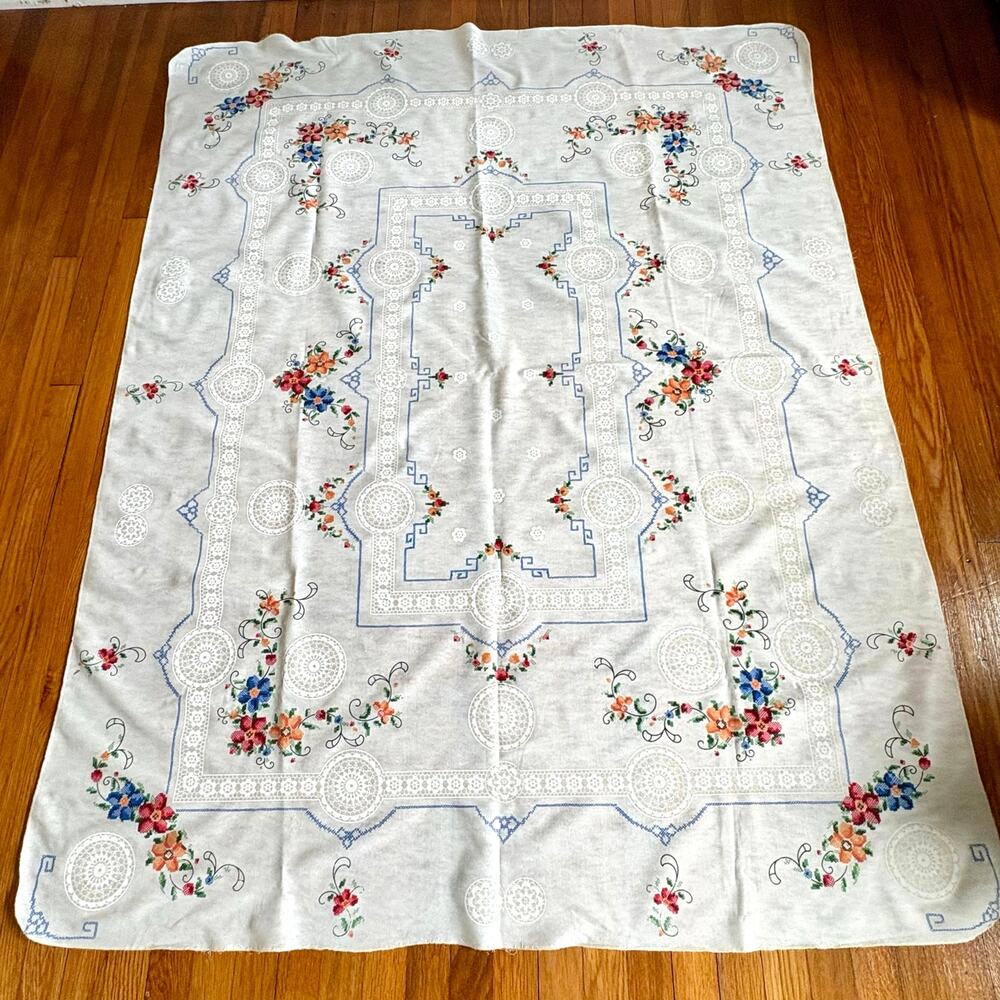 Vintage Faux Lace Floral Print Tablecloth, Cottagecore Textile 67 x 53